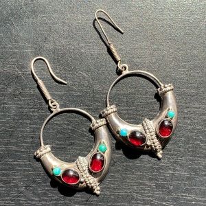 Sterling Silver Tibetan Garnet Turquoise Earrings